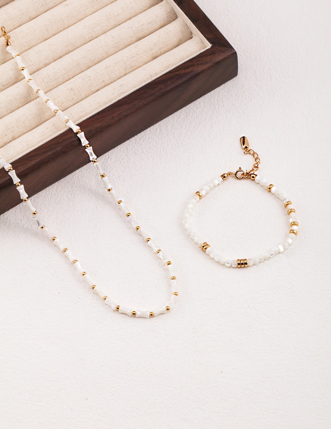 Dainty Shell Bead Bracelet – S925 Silver & Natural Silver Shell with Gold Accents