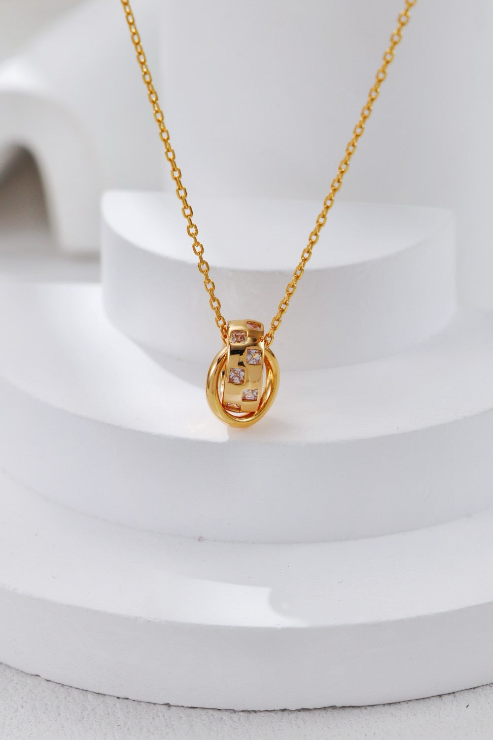 Elegant Dual Ring Pendant Necklace – Gold-Plated S925 Sterling Silver with CZ Accents