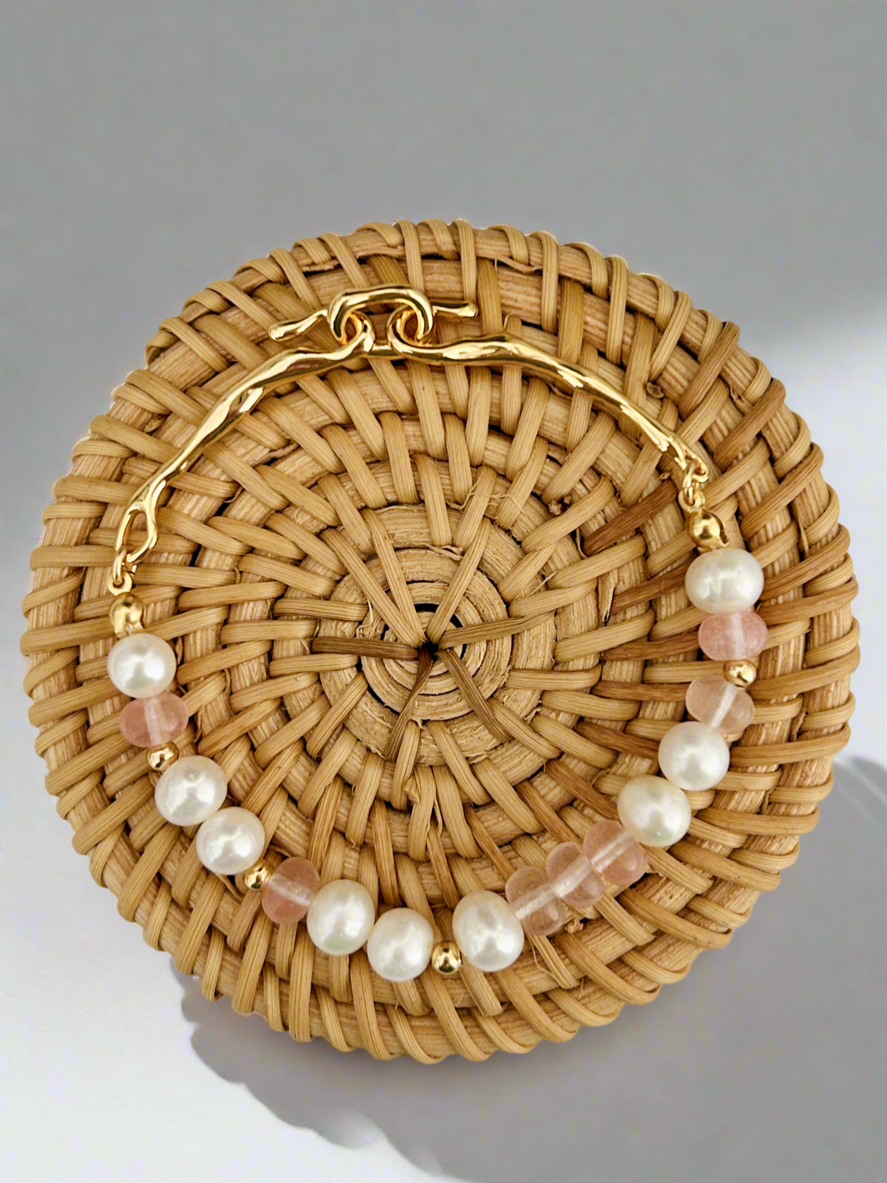 Strawberry Quartz beads and pearl bracelet