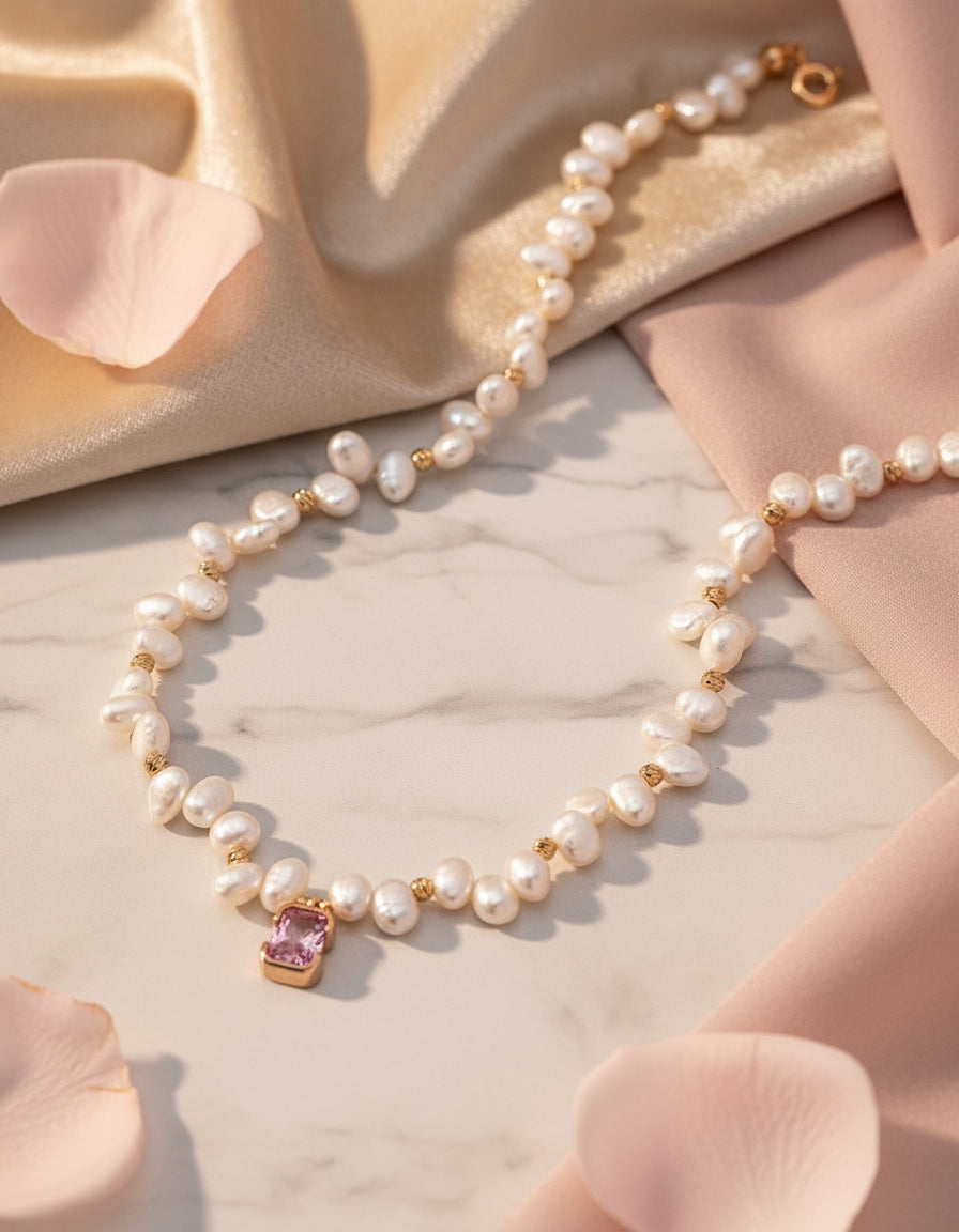 S925 Silver Pink Zircon & Pearl Necklace – Vintage Gold