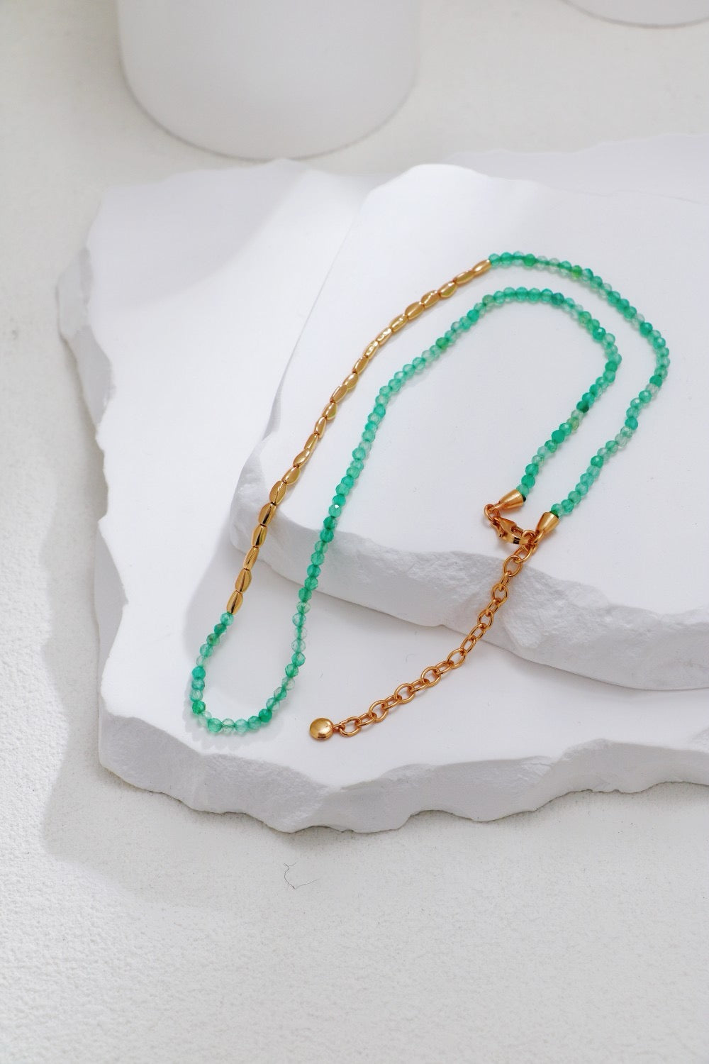 Vintage Gold & Green Aventurine Beaded Necklace – S925 Sterling Silver