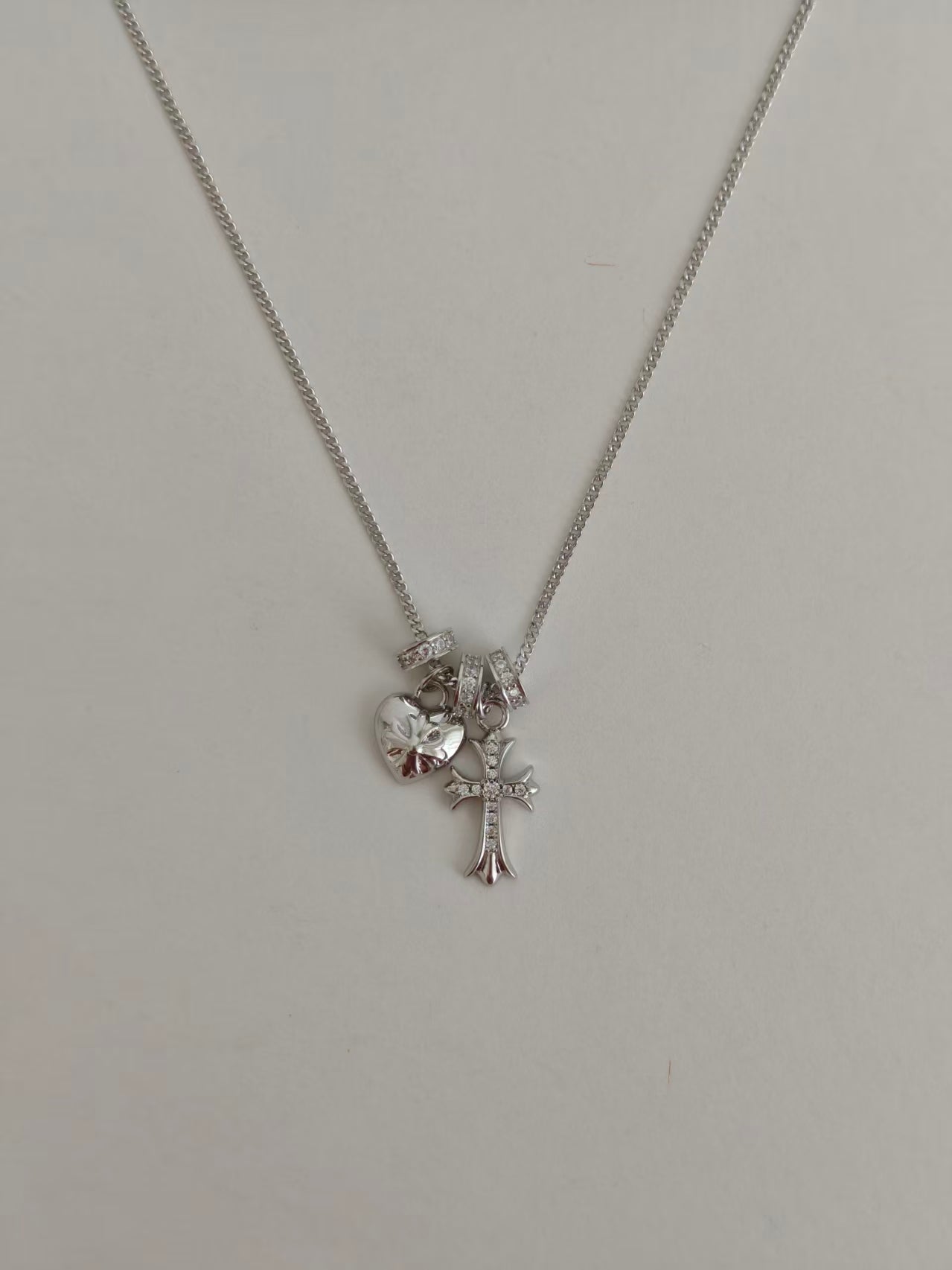 S925 Sterling Silver Cross & Heart Charm Necklace