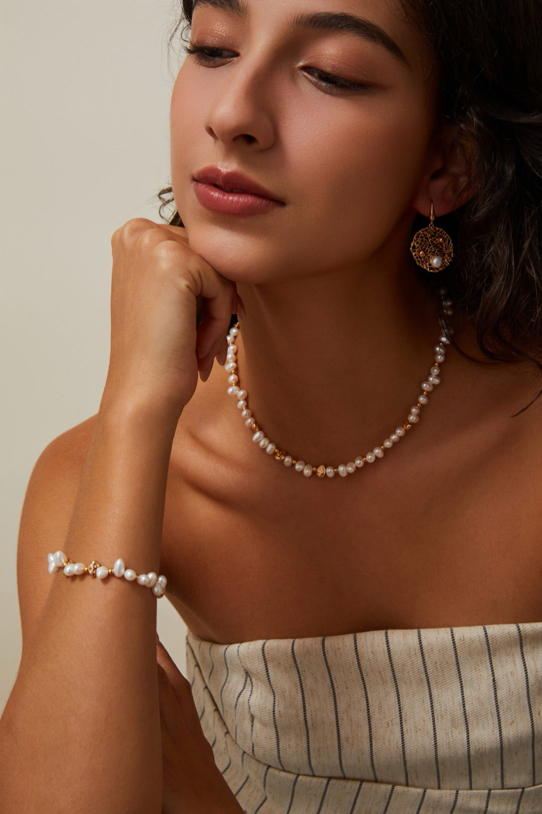 S925 Vintage Gold Pearl Necklace and Bracelet