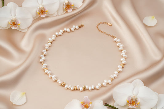 Vintage Gold Freshwater Pearl Necklace – 925 Sterling Silver | Matching Bracelet Set