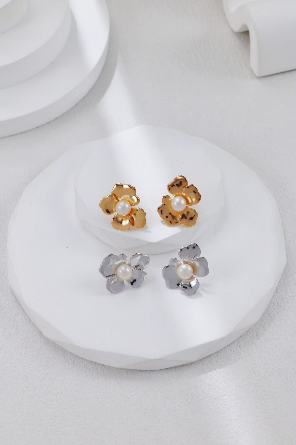 Sterling Silver and Pearl Flower-shaped Studs