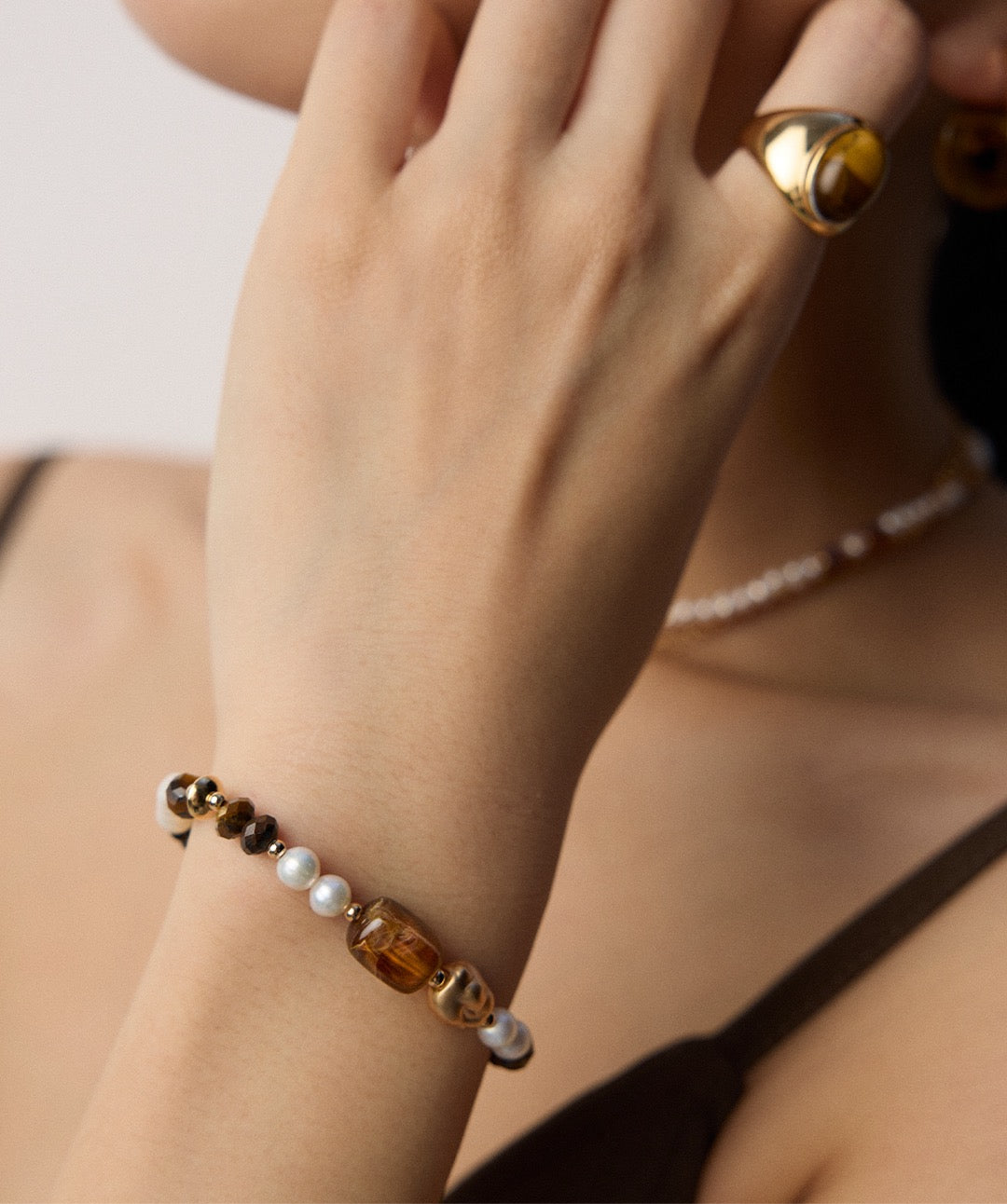 Vintage Gold Pearl and Tiger Eye Beaded Bracelet – 925 Sterling Silver