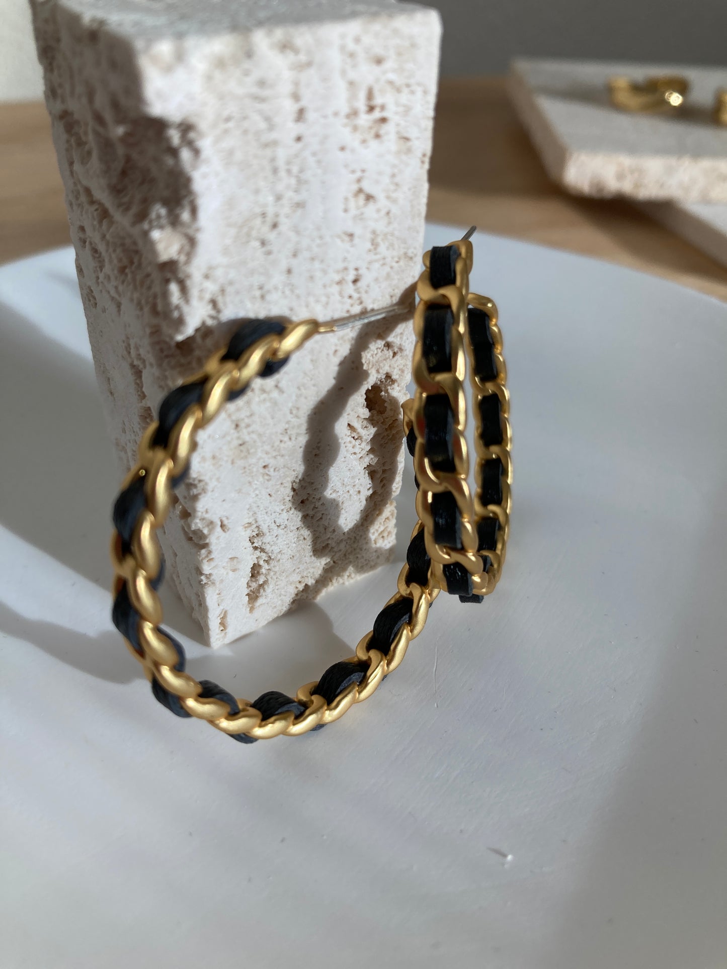 C hoop earrings with black ribbon