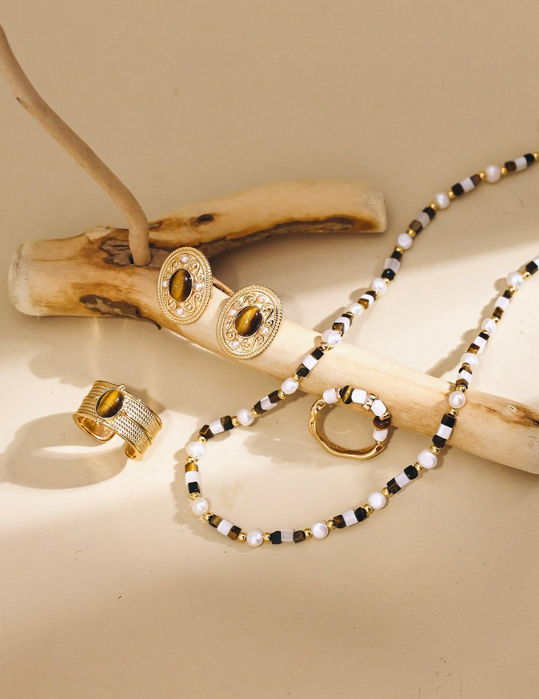 Pearl and Tiger’s Eye Beaded Necklace and Bracelet Set