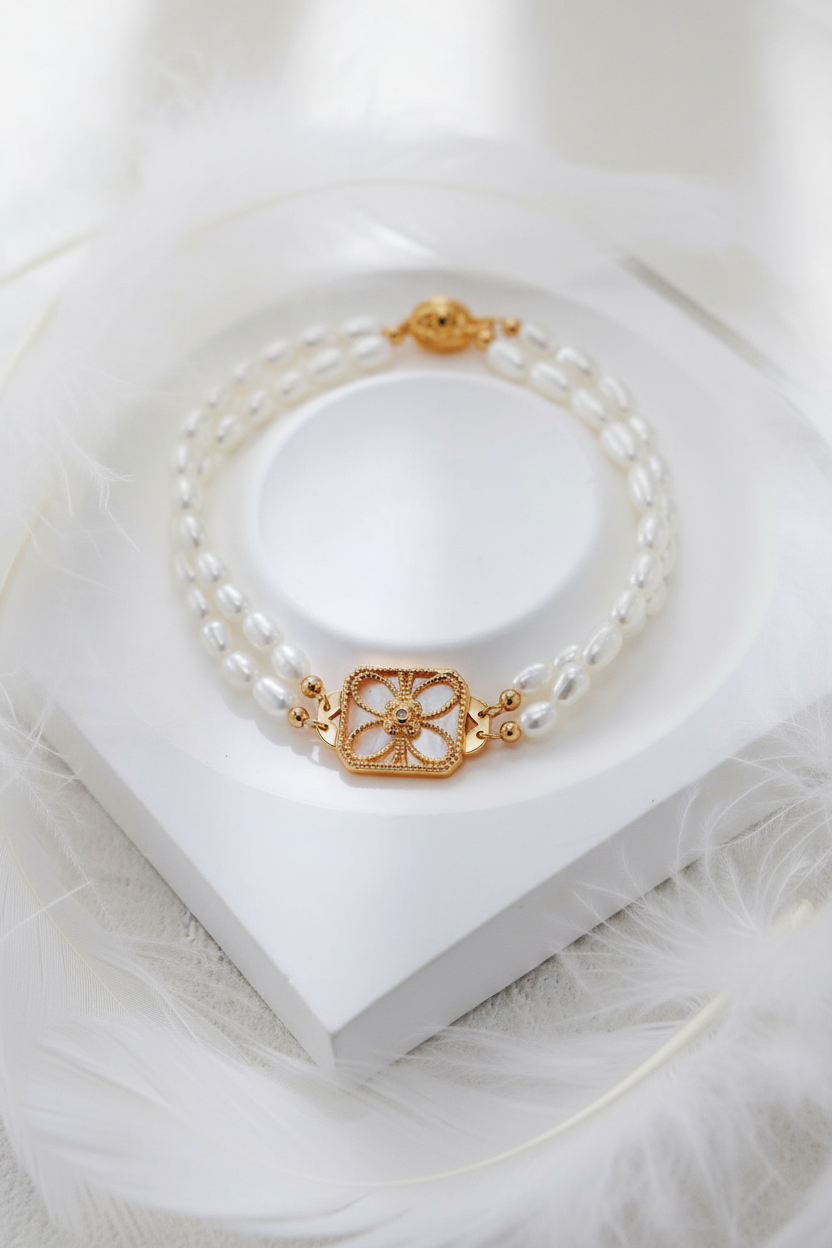 Blossom Emblem Pearl Bracelet – S925 Silver & White Shell Pearl
