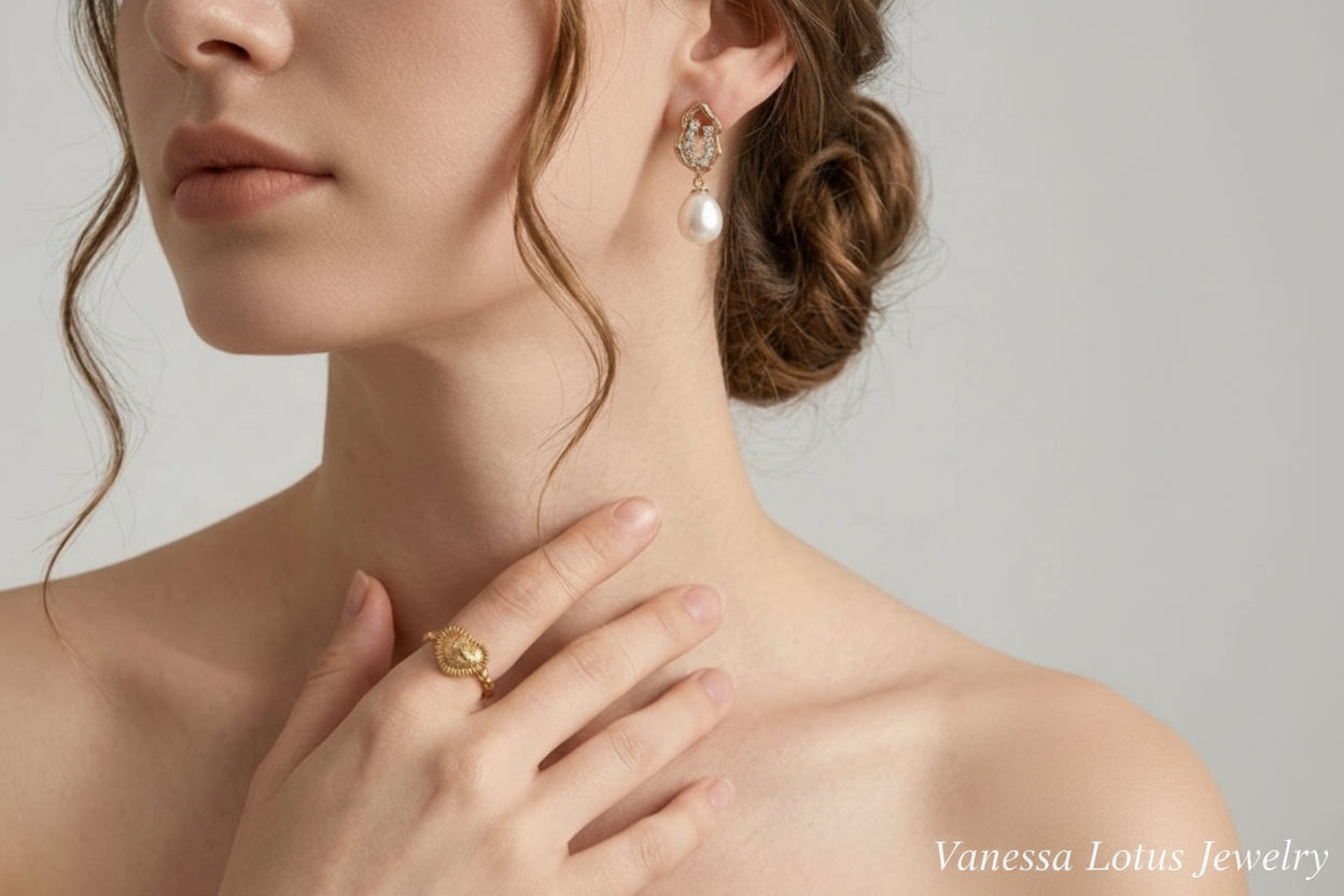 Vintage Gold Baroque Pearl Drop Earrings | 925 Silver & Zircon
