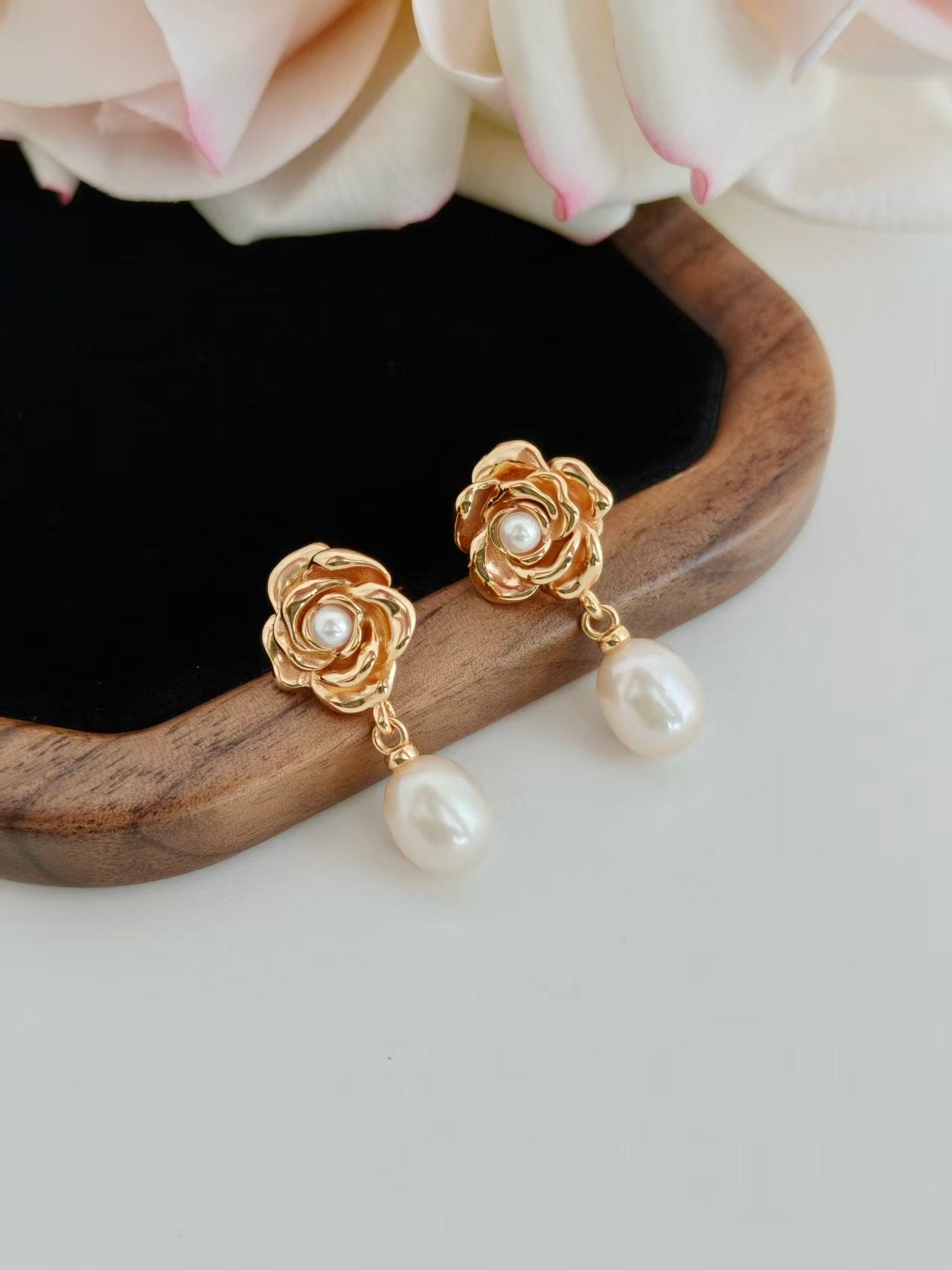 Vintage Rose Pearl Drop Earrings | S925 Sterling Silver | Antique Gold Floral Design