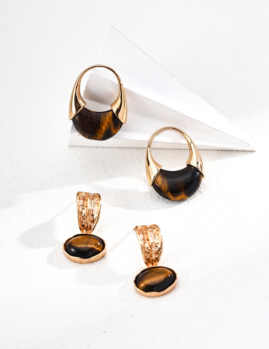 Vintage Gold Tiger Eye Hoop Earrings | S925 Sterling Silver | For Larger Piercings