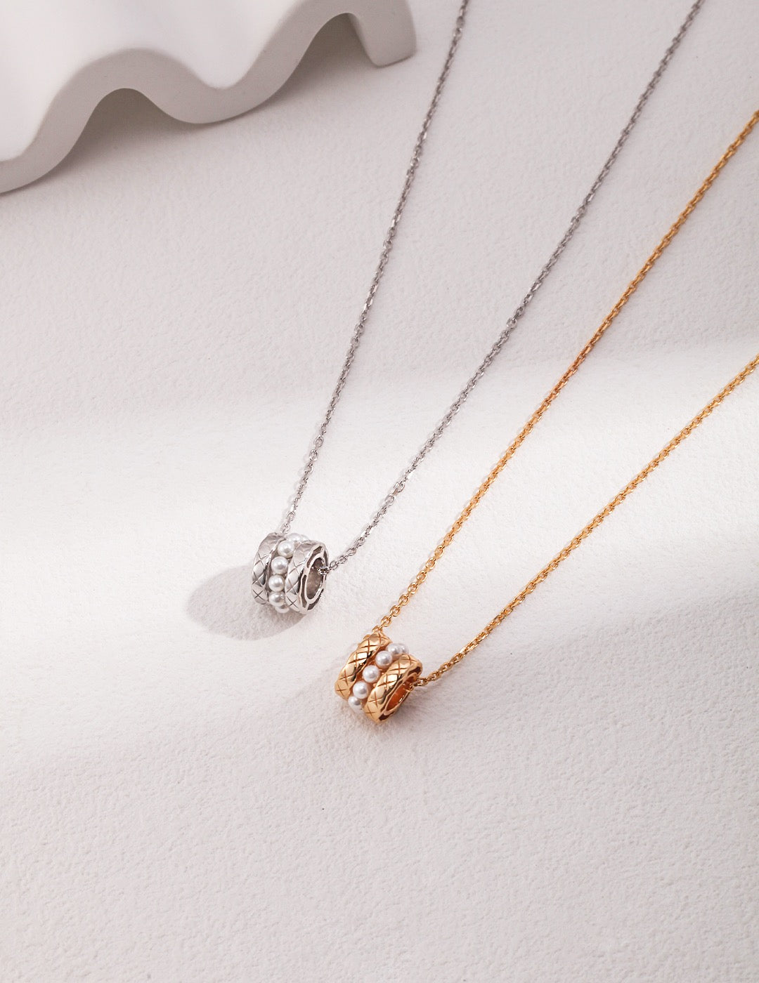 Barrel Pendant Necklace – S925 Sterling Silver & Shell Beads, Platinum & Vintage Gold