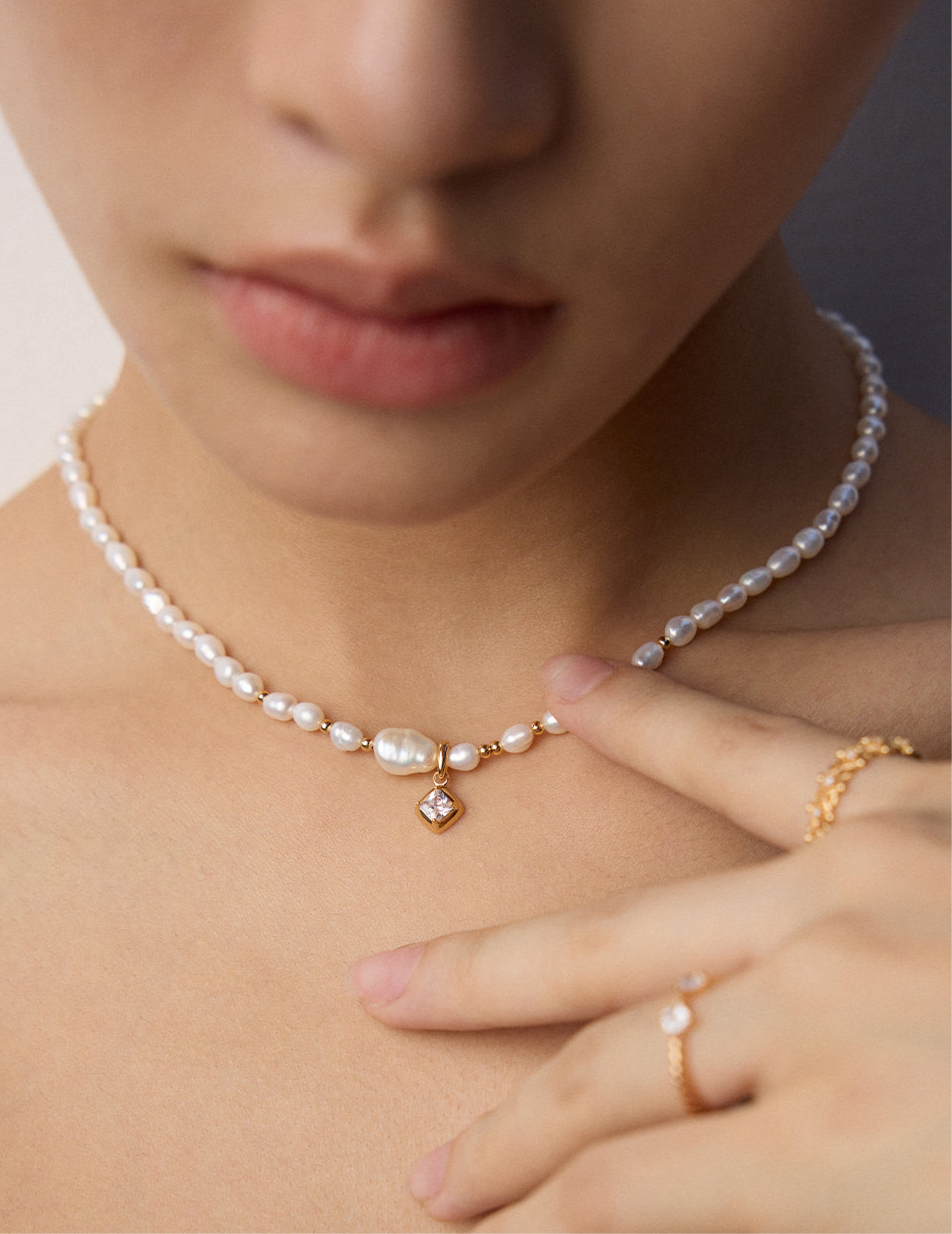 S925 Silver Pearl Necklace - Zircon Pendant