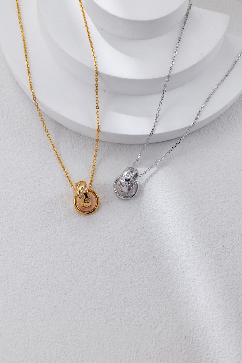 Elegant Dual Ring Pendant Necklace – Gold-Plated S925 Sterling Silver with CZ Accents