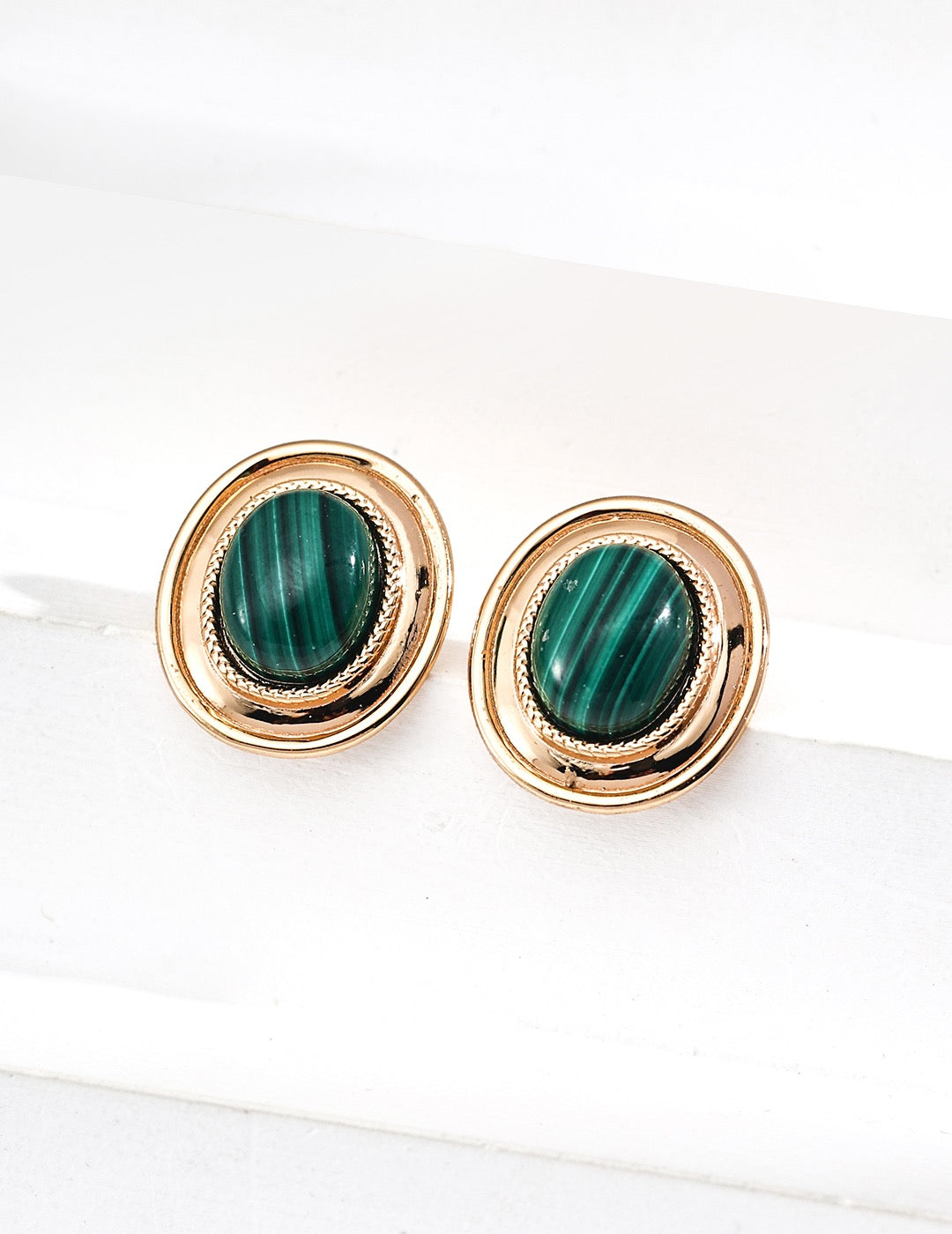Vintage Gold Malachite Stud Earrings – 925 Sterling Silver Oval Gemstone Studs