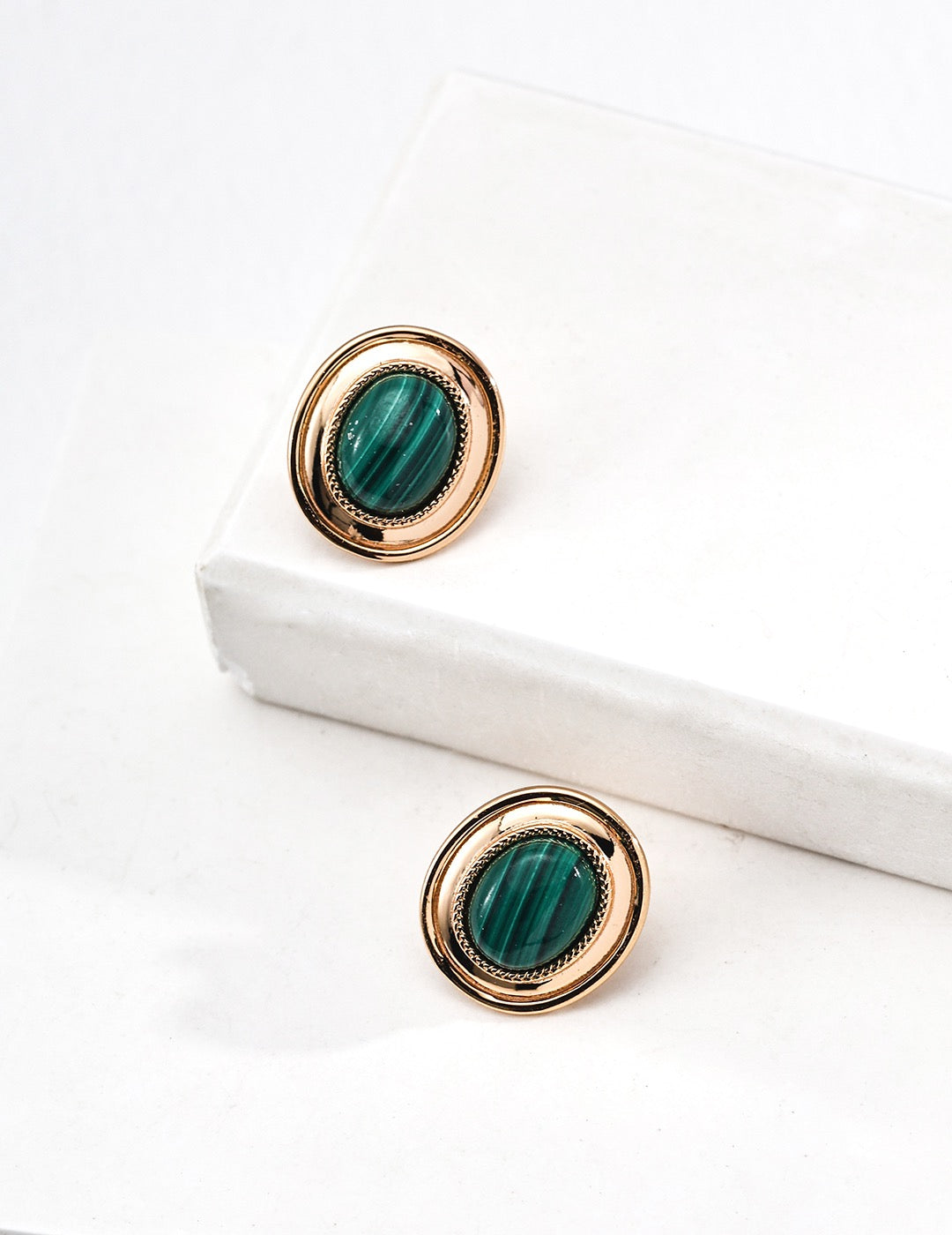 Vintage Gold Malachite Stud Earrings – 925 Sterling Silver Oval Gemstone Studs