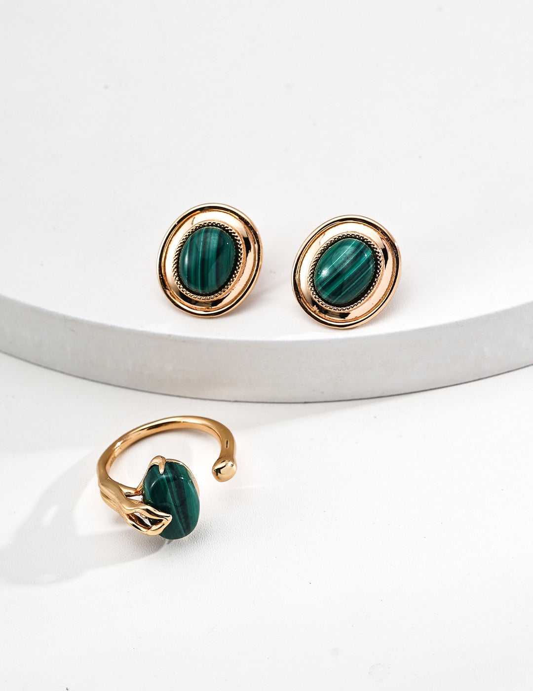 Vintage Gold Malachite Stud Earrings – 925 Sterling Silver Oval Gemstone Studs