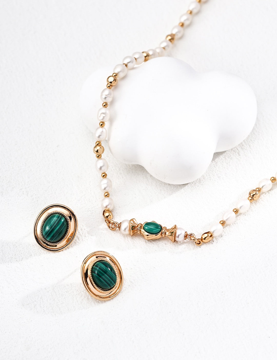 Vintage Gold Malachite Stud Earrings – 925 Sterling Silver Oval Gemstone Studs