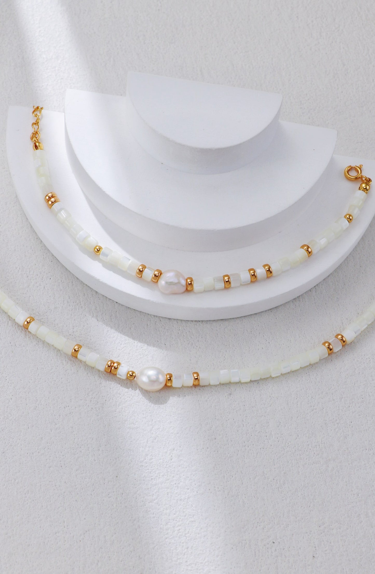 Vintage Gold Mother-of-Pearl & Baroque Pearl Necklace and Bracelet Set – S925 Sterling Silver
