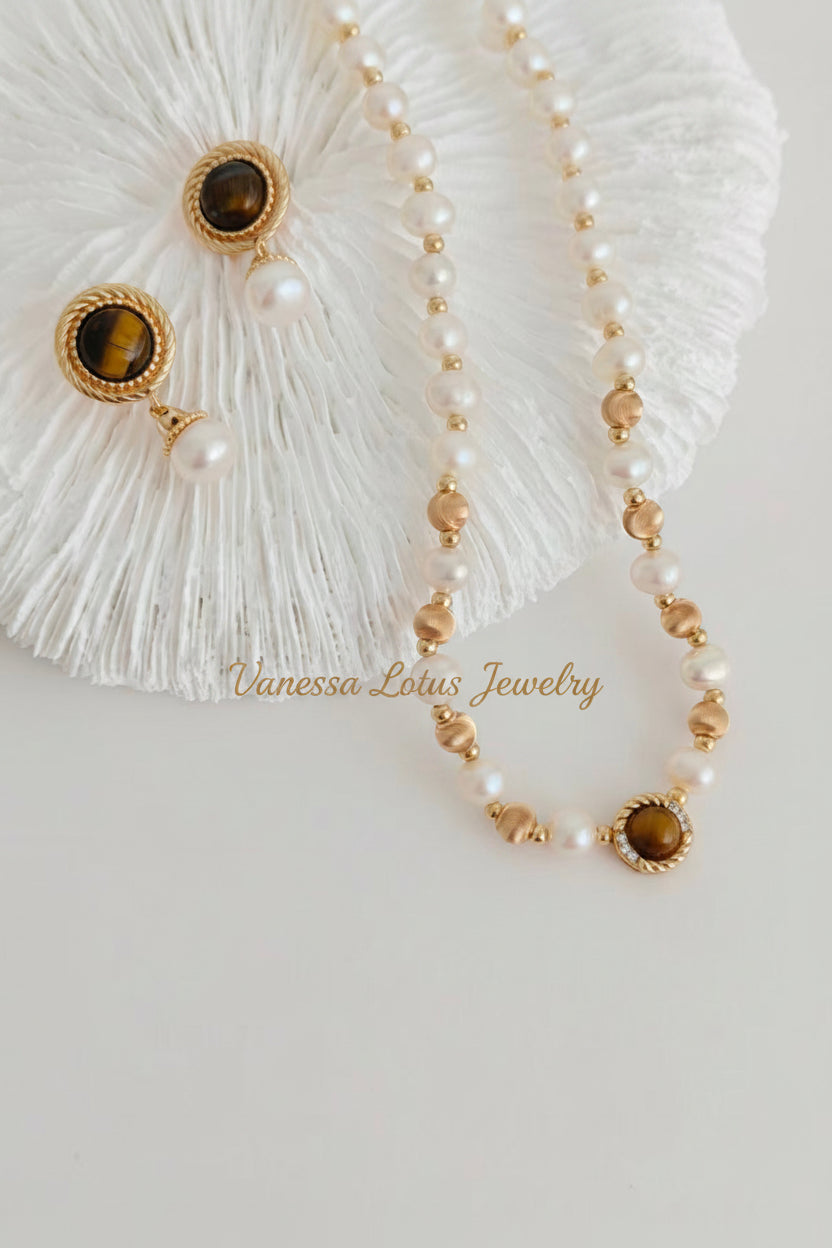 S925 Silver Tiger's Eye & Pearl Necklace – Vintage Gold