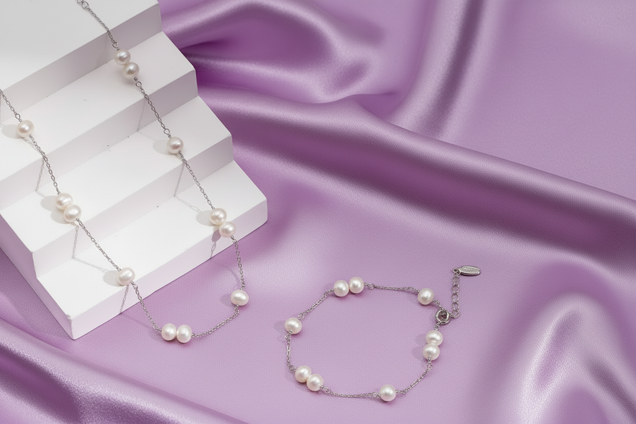 Natural Pearl Jewelry Set – S925 Sterling Silver Station Necklace & Bracelet Matching Set Vintage Gold or Platinum