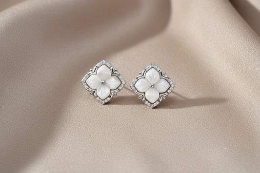 Mother-of-Pearl Flower Stud Earrings in S925 Sterling Silver