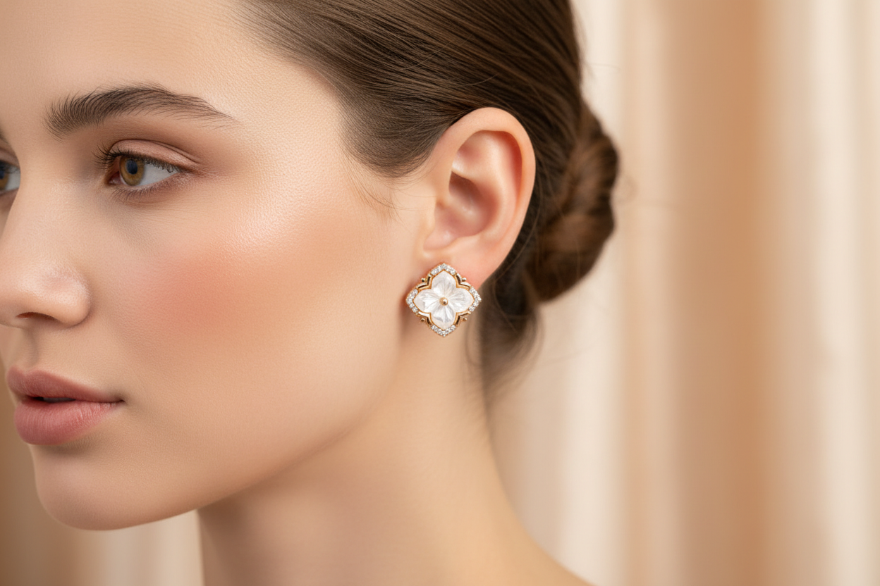 Mother-of-Pearl Flower Stud Earrings in S925 Sterling Silver