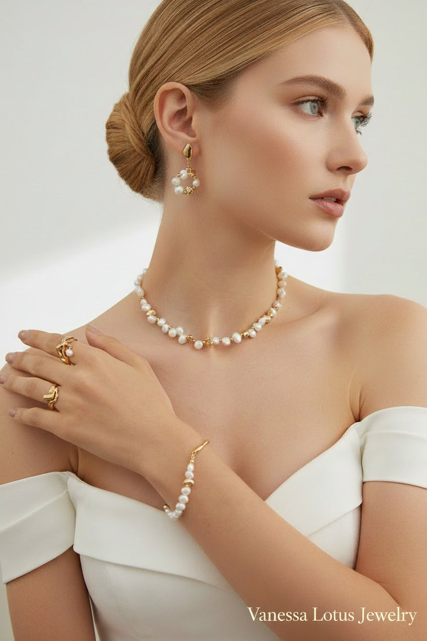 Vintage Gold Natural Pearl Necklace & Bracelet Set – S925 Sterling Silver Freshwater Pearl Jewelry Set