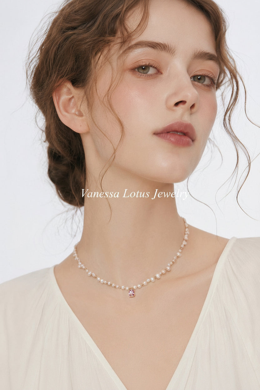 S925 Silver Pink Zircon & Pearl Necklace – Vintage Gold