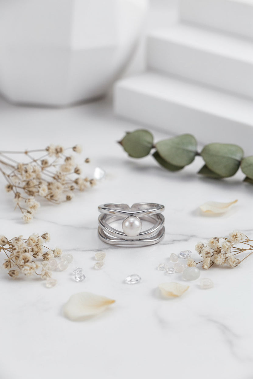 S925 Sterling Silver Pearl Open Ring