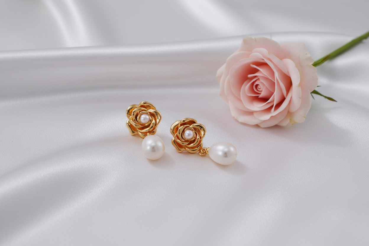 Vintage Rose Pearl Drop Earrings | S925 Sterling Silver | Antique Gold Floral Design