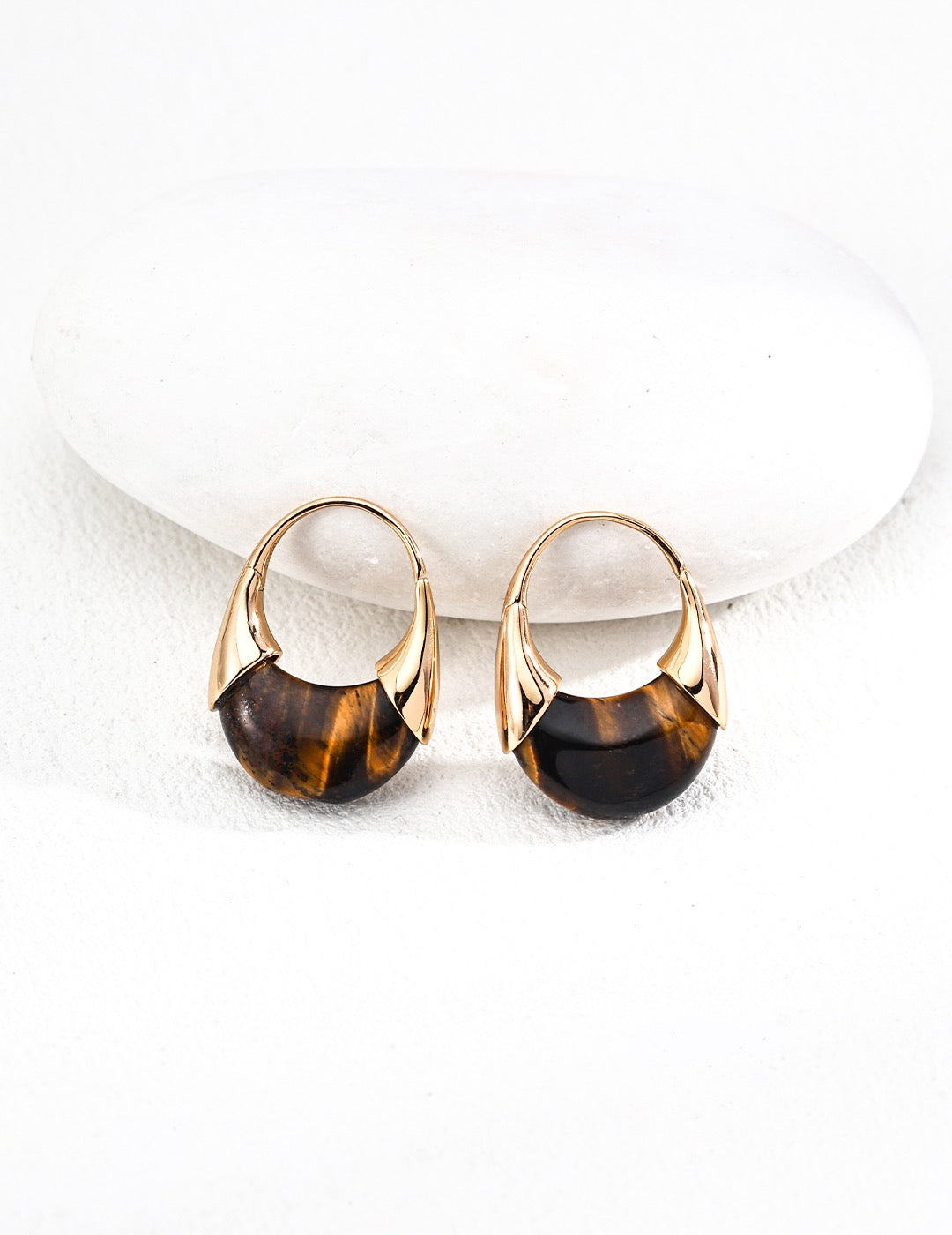 Vintage Gold Tiger Eye Hoop Earrings | S925 Sterling Silver | For Larger Piercings