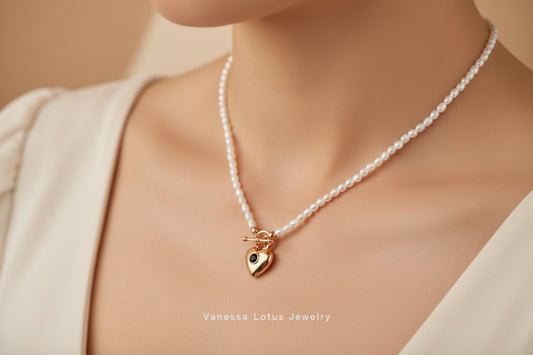 Vintage Gold Sterling Silver Black Onyx & Rice Pearl Necklace with Heart Pendant