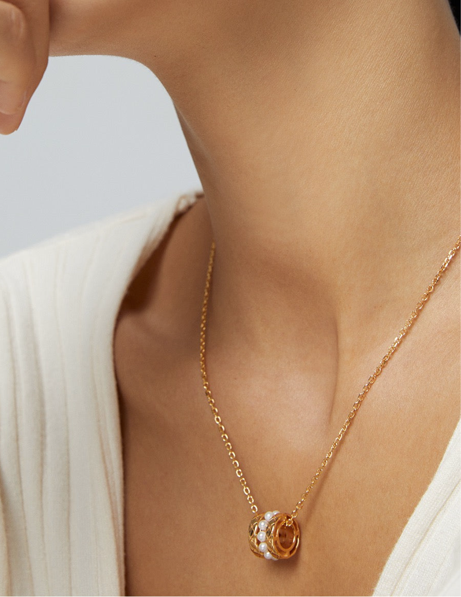 Barrel Pendant Necklace – S925 Sterling Silver & Shell Beads, Platinum & Vintage Gold