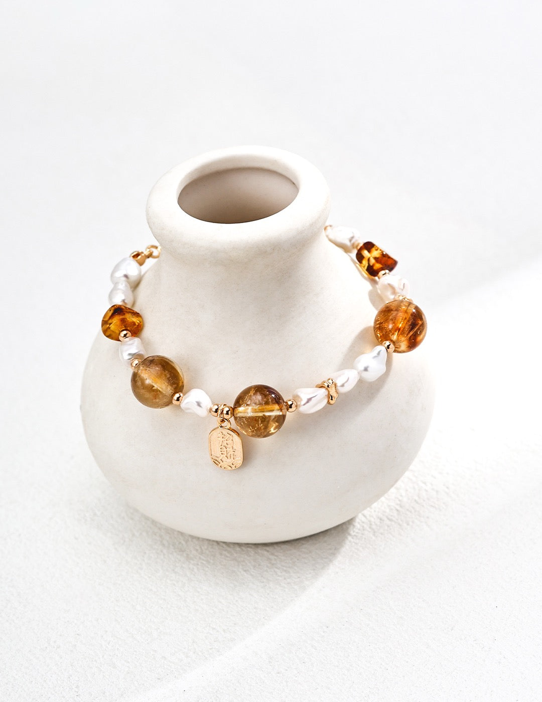 Citrine & Pearl Prosperity Bracelet – S925 Silver | Vintage Gold Finish