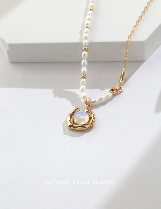 Pearl Necklace with Opal Pendant