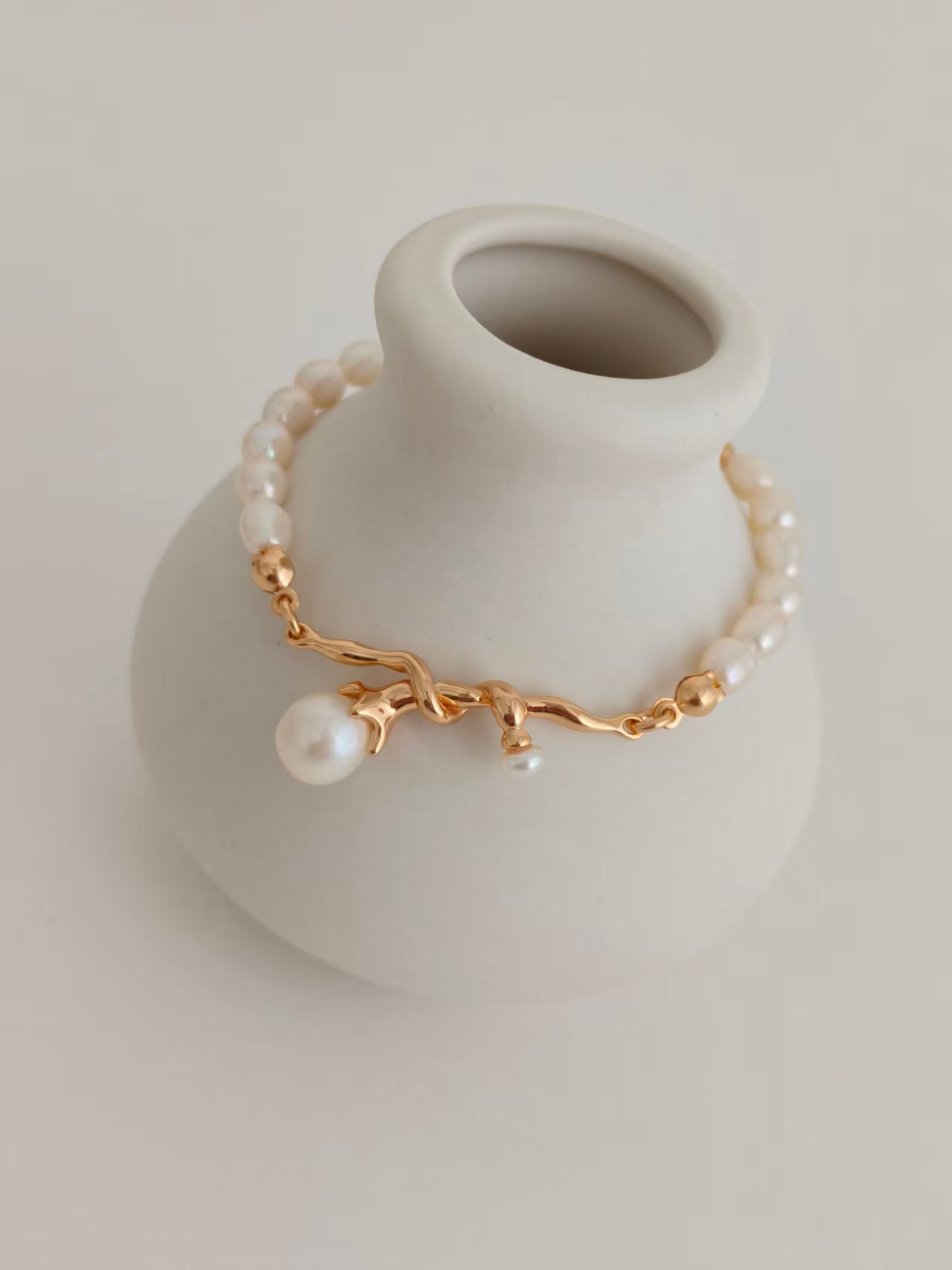 S925 Natural Pearl Necklace & Bracelet Set | Vintage Gold