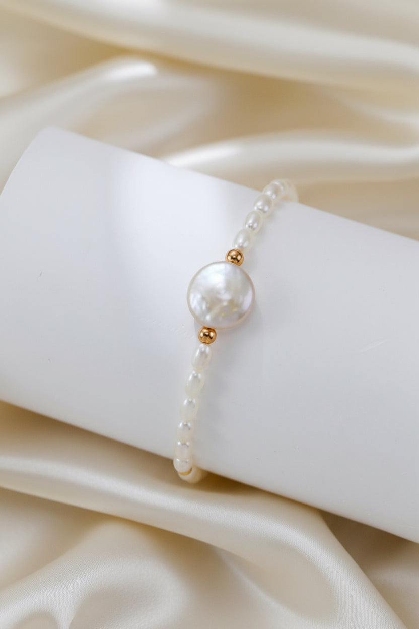 S925 Silver Button Pearl & Mini Pearl Bracelet