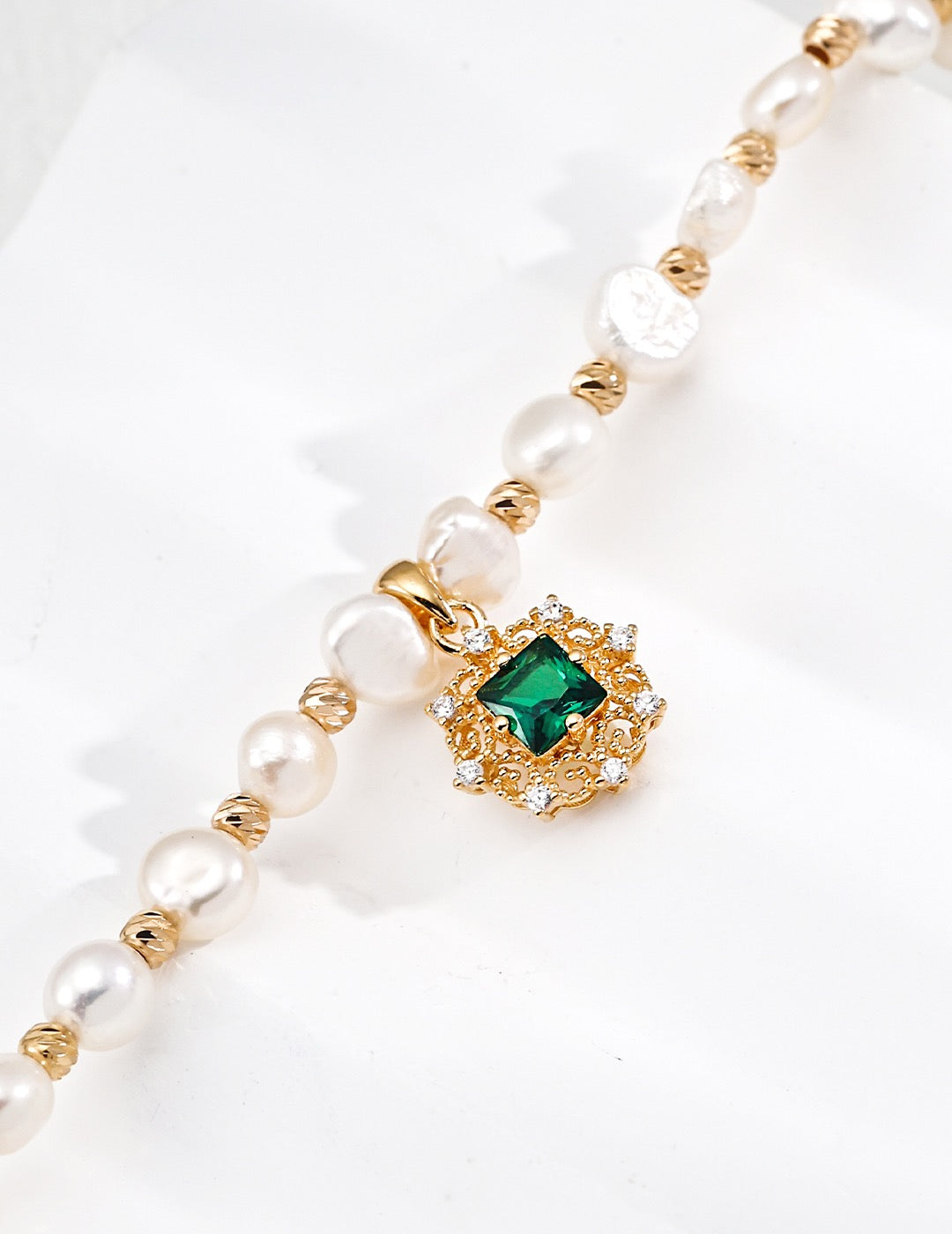 S925 Vintage Gold Pearl & Green Zircon Necklace and Bracelet Set | Natural Freshwater Pearl Jewelry