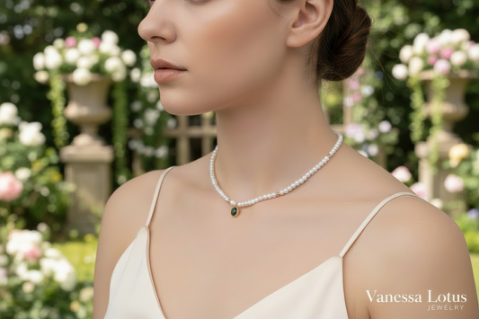 Pearl Necklace with Moss Agate Pennant