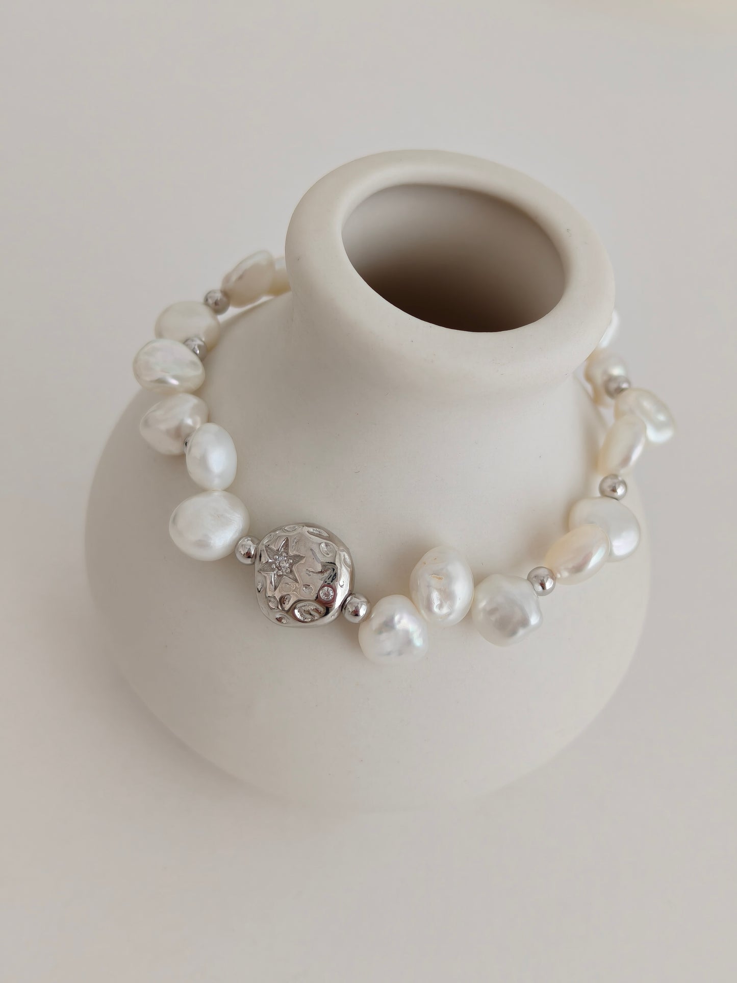 Vintage Baroque Pearl Charm Bracelet - S925 Sterling Silver, Retro Gold / Platinum Finish, Adjustable 16+3cm