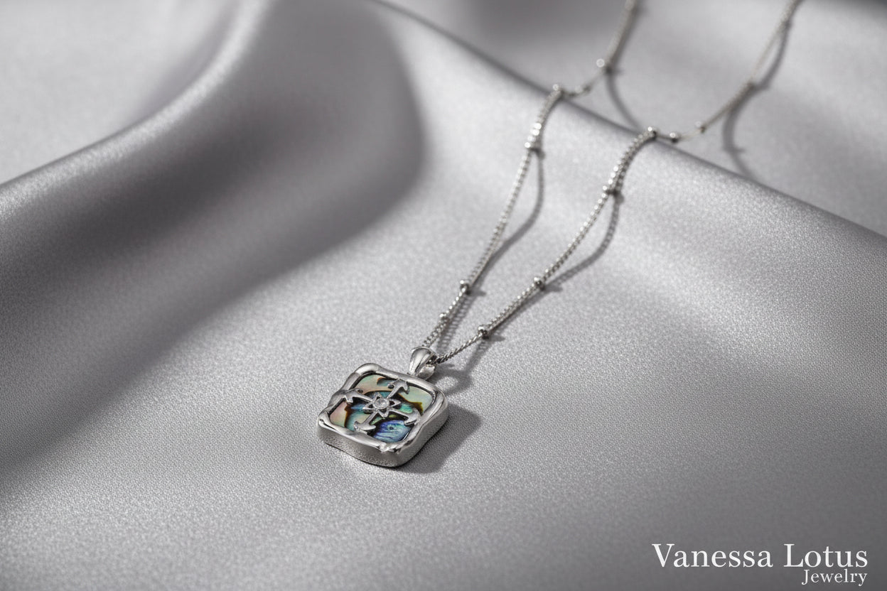 Abalone Shell Pendant Necklace – S925 Sterling Silver Gold Plated Square Charm Necklace