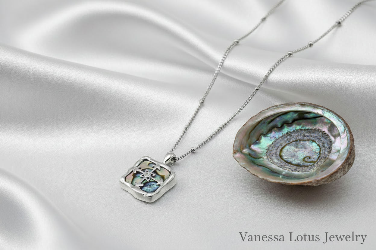 Abalone Shell Pendant Necklace – S925 Sterling Silver Gold Plated Square Charm Necklace