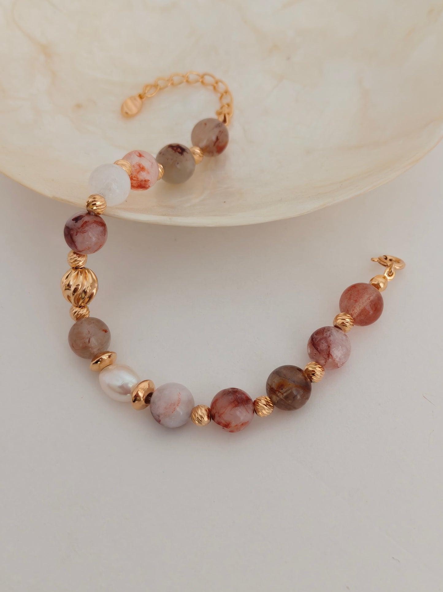 Red Hematoid Quartz (Fire Quartz) Pearl Beaded Bracelet – Vintage Gold S925 Sterling Silver Adjustable Gemstone Bracelet
