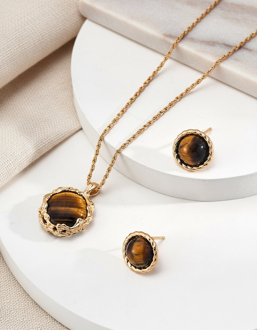 S925 Tiger’s Eye Vintage Gold Earrings