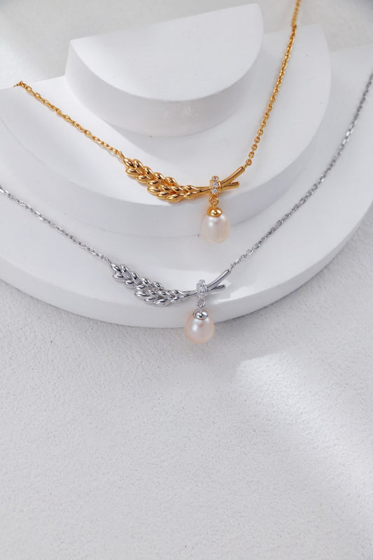 Wheat Silver Necklace with Pearl Pendant