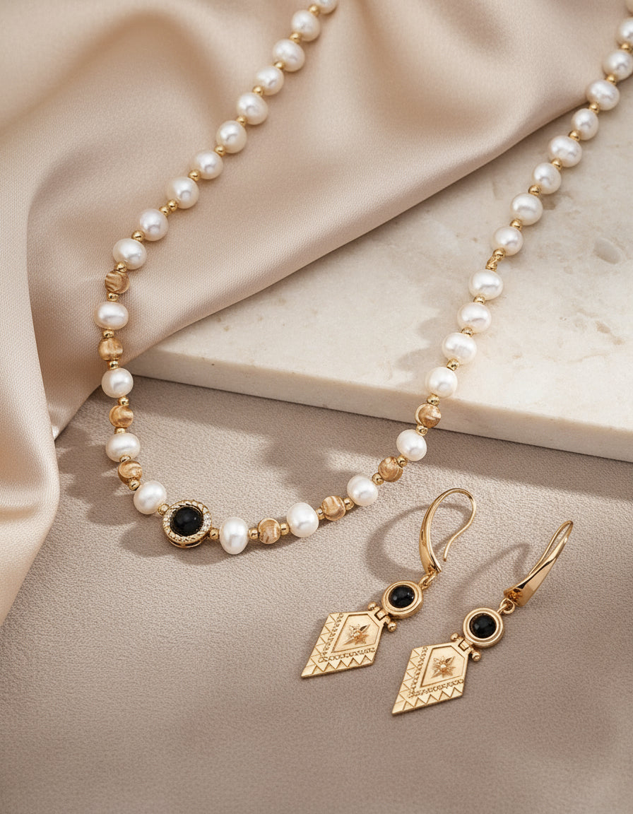 S925 Silver Tiger Eye & Pearl Necklace – Vintage Gold