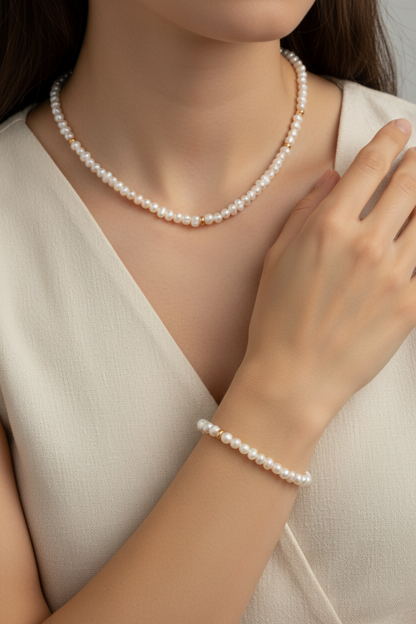 White Seashell Pendant Pearl Necklace and Bracelet