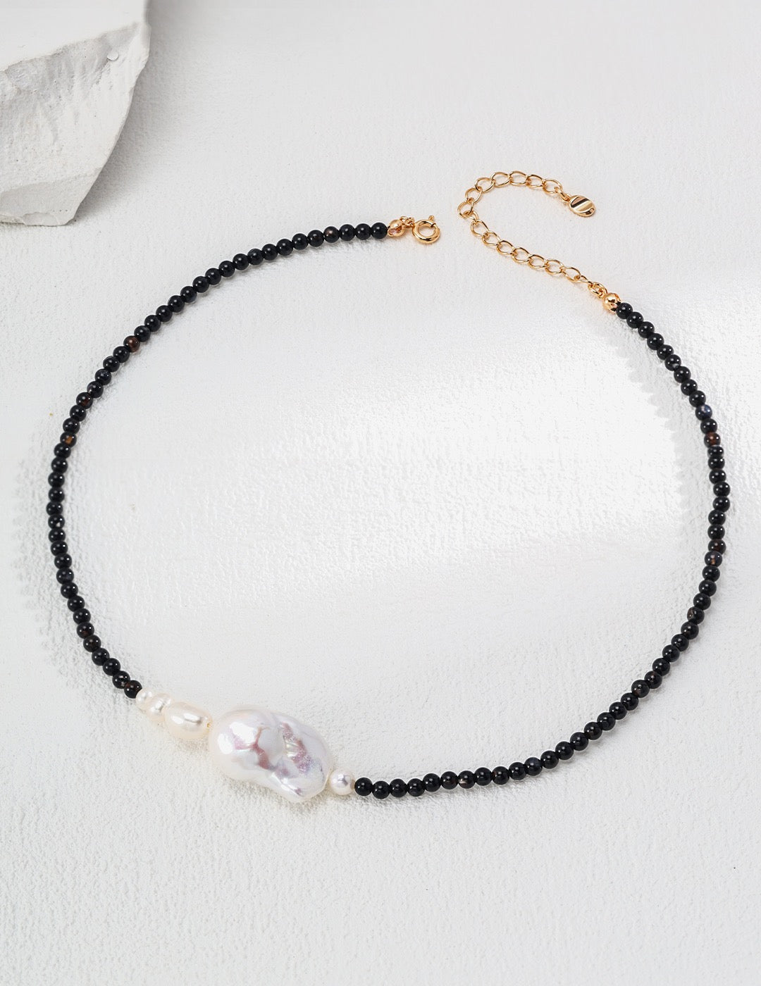 Black Agate and Baroque Pearl Necklace